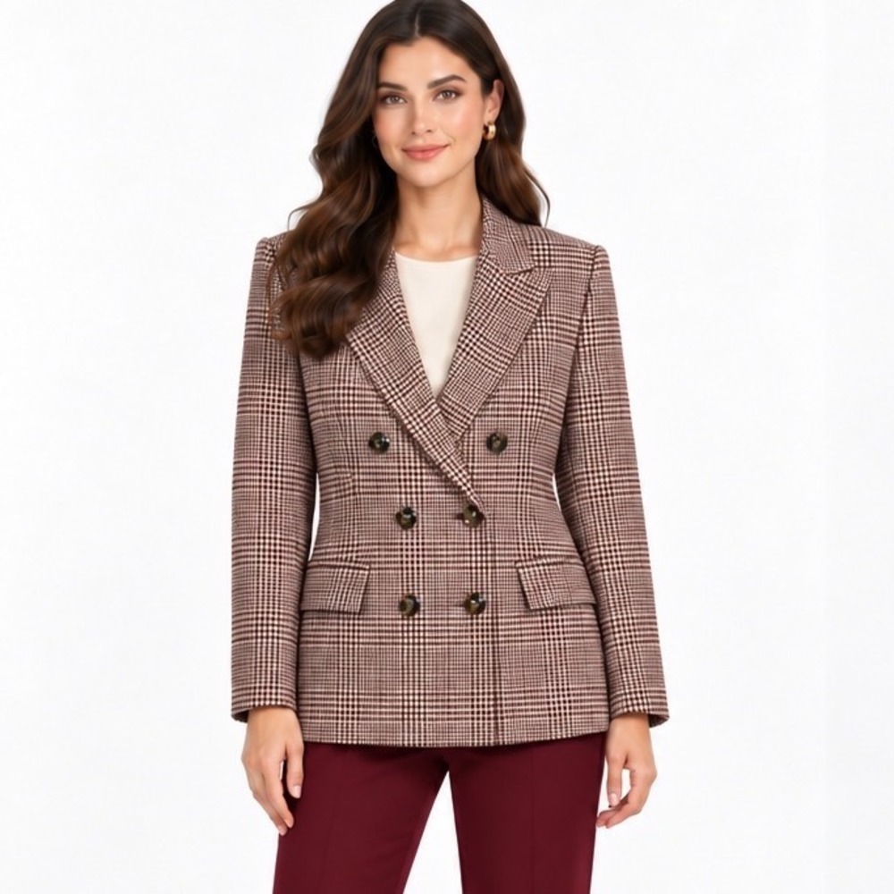 New York & Co 7th Ave Plaid Double Breasted Blazer Burgundy M Career Chic 119-34